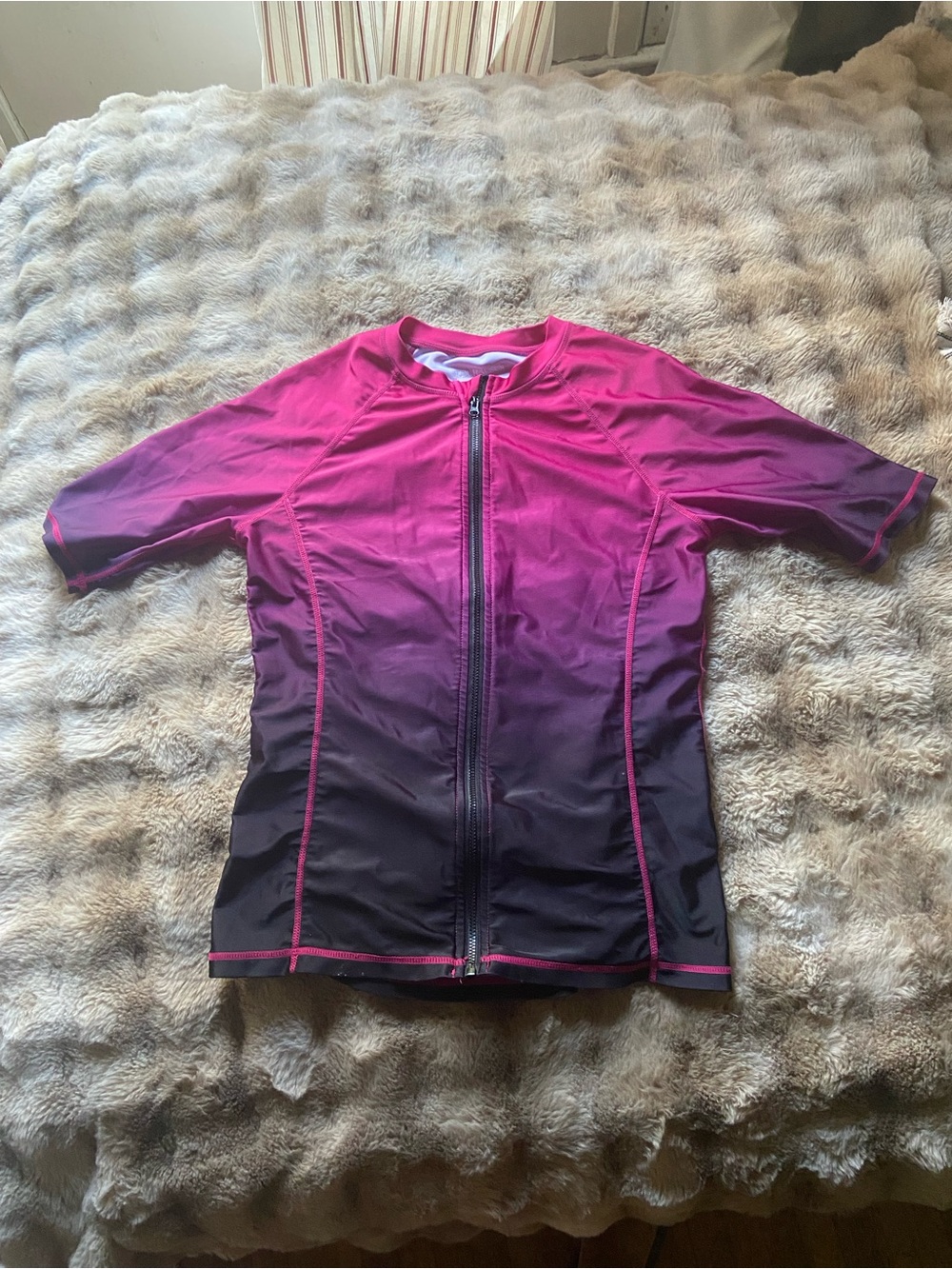 Women’s Short Sleeve Zip Front Swim Top - Pink Ombre Rash-guard SPF Protection